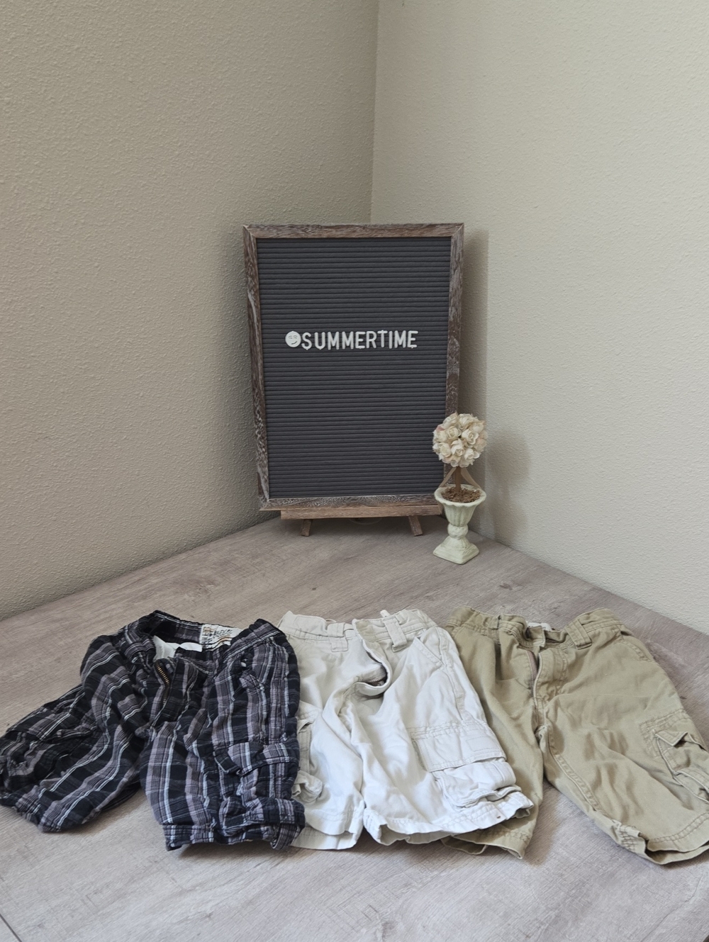 Kids Cargo Shorts Trio - Black Plaid, White, and Khaki